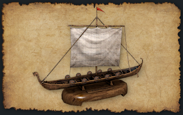 September 2023 Small Knarr (Decorative ship) A detailed model of a knarr sits proudly on a polished wooden base.