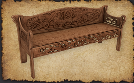 September 2024 Lindwyrm Bench (wooden bench) Lindwyrm Bench: A wooden bench featuring intricate carvings, inviting you to rest for a while.