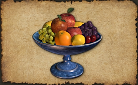June 2025 Orchard Bowl (pottery bowl) Orchard Bowl: An assortment of fruit tastefully arranged in a blue glazed pottery bowl.