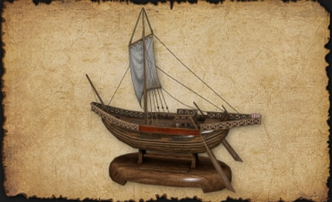 November 2024 Small Corbita (decorative ship) Small Corbita: A detailed model of a corbita sits proudly on a polished wooden base.
