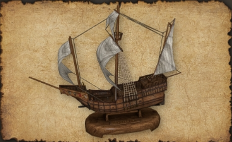 October 2023 Small Caravel (Decorative ship) A detailed model of a caravel sits proudly on a polished wooden base.