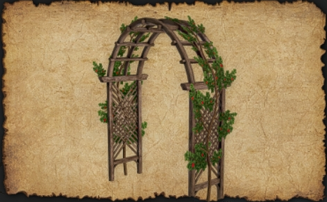 March 2025 Rose Arch Trellis (rose trellis) Rose Arch Trellis: Some climbing roses growing up a sturdy arch trellis with interwoven wooden panels.