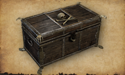 November 2021 Skeleton Chest (large chest) A sturdy, roomy chest for keeping treasured possessions. Various bones of the last scoundrel who wandered too close are nailed to all corners. Better luck next time!