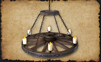 2024 Wheel Chandelier (Metal chandelier) A repurposed cart wheel made into an impressive chandelier. It has six candles.