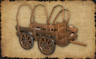 November 2023 Uncovered Wagon (Wagon) A fairly large wagon designed to be dragged by four animals. Its iconic cotton fabric over the back has been tidily rolled up and placed in the back.