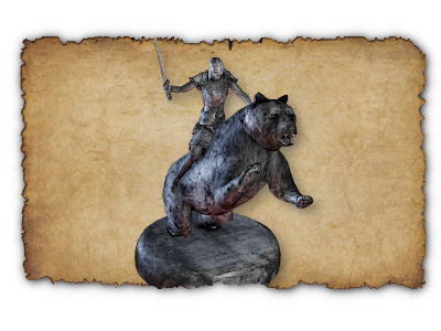 February 2022 Bear Army Statuette (Statuette) A proud warriorette seated upon her salmon-fueled battle mount.