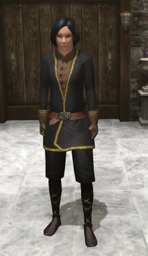 Black clothes: Black belted vest, black cloth sleeves black cloth pants