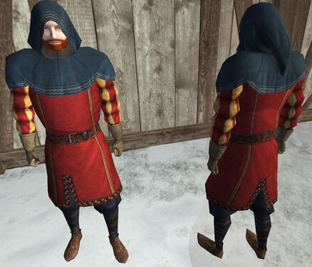 "Classic"/original full cloth jacket set: Blue cloth hood, red cloth jacket, red striped cloth sleeves cloth pants, cloth gloves, cloth shoes